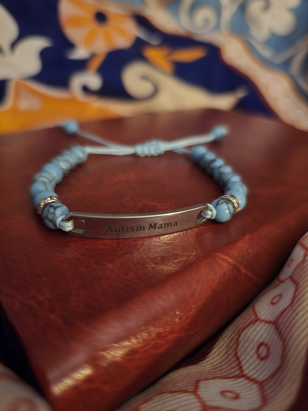Autism Mama Engraved And Adjustable Light Blue Beaded Bracelet